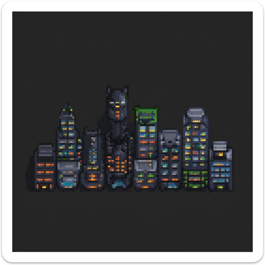 Pixel art night scene of Gotham City. Dark, moody street with a flickering lamppost, trash bins, and a few shadowy human silhouettes. Gritty atmosphere, subtle lighting, cinematic noir vibe. sticker