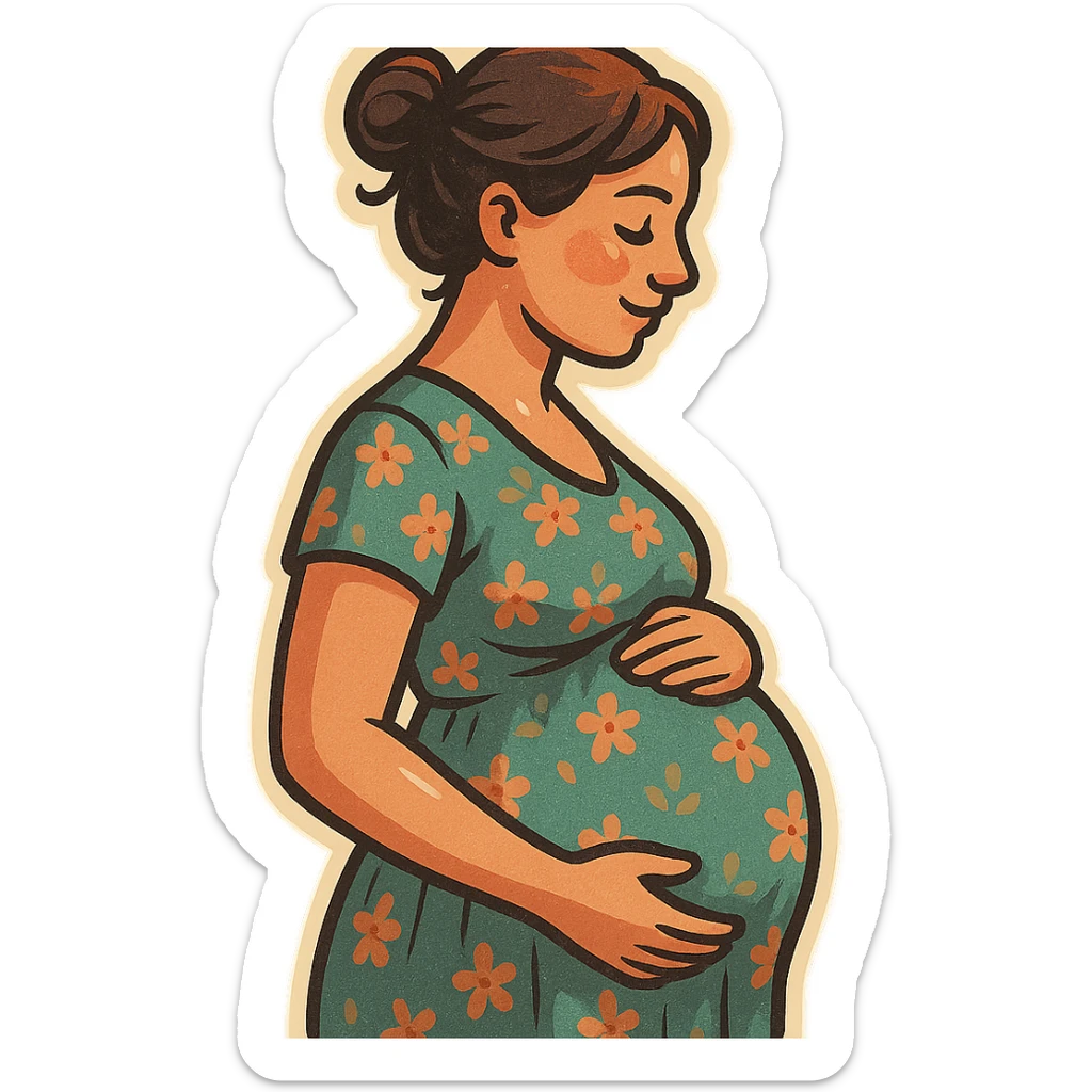 pregnant woman half-length portrait, standing sideways, holding belly, face and head fully in frame, retro stickers style, soft rounded shapes, expressive contours, vintage color palette, light paper texture, shadows and highlights, transparent background, dress with floral pattern and hair tied up sticker