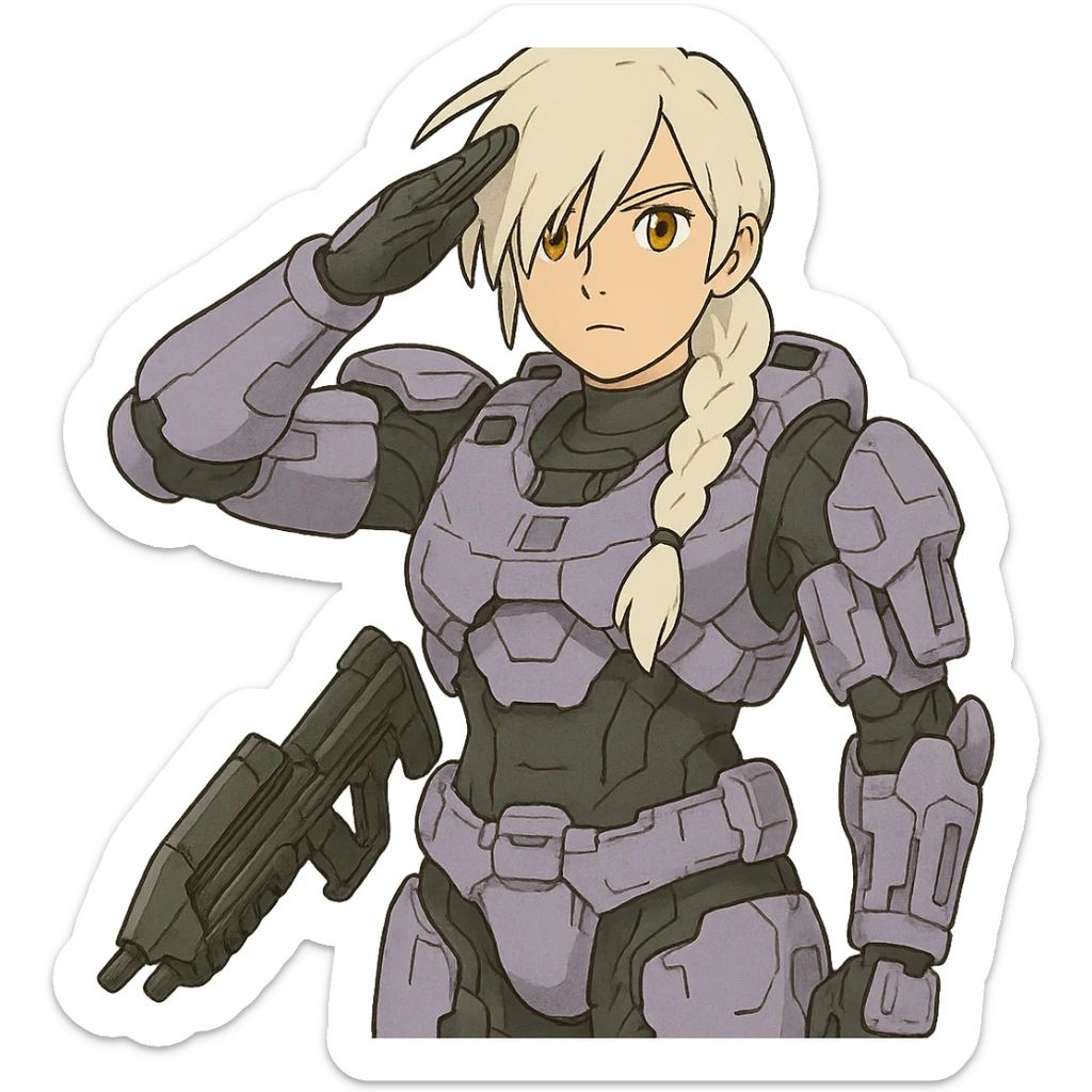 standing salute, weapons-at-arms, female, wearing reach spartan armor shoulder-unequip, long white braid hair with massive messy front side single bangs, gold yellow eyes, attention pose, D-cup size, HALO:series, no helmet, the armor is lavender color scheme, sticker