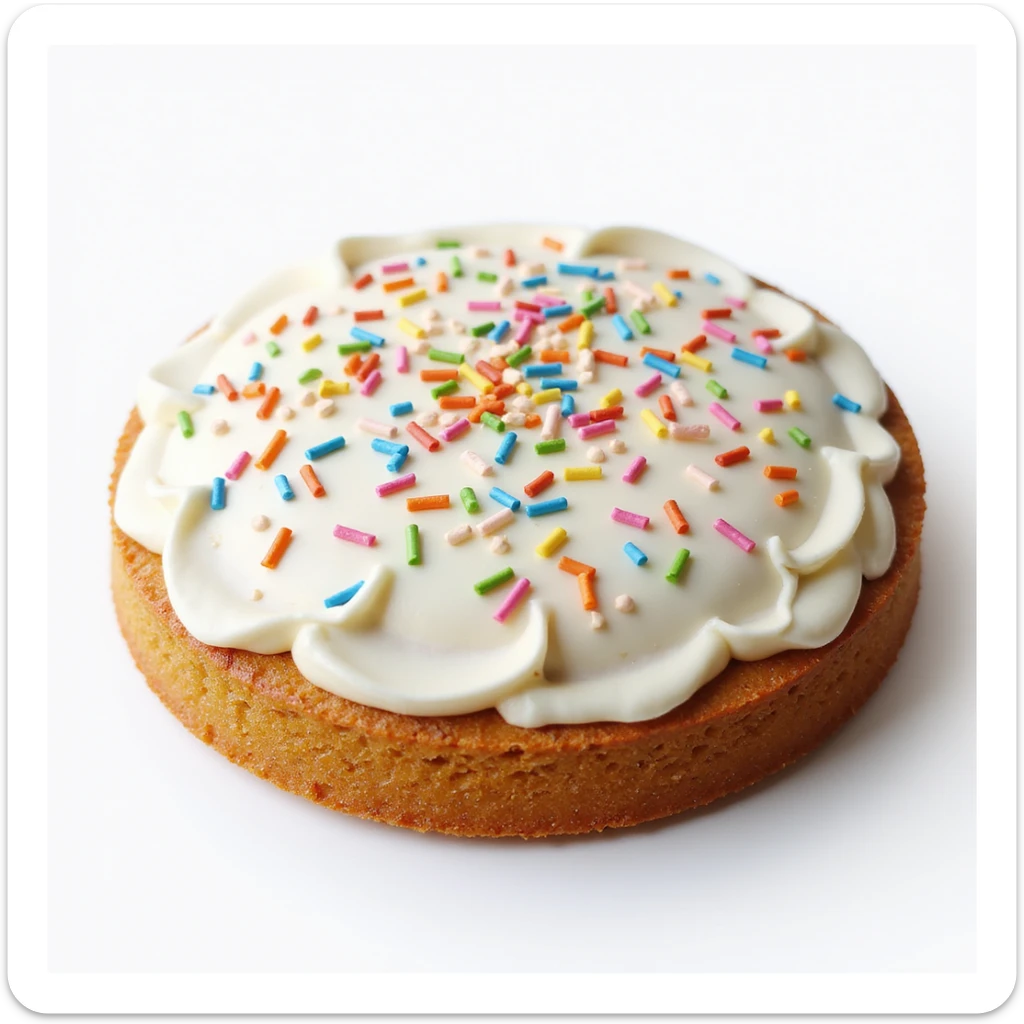 realistic round cake with white frosting and colorful sprinkles, photorealistic style sticker