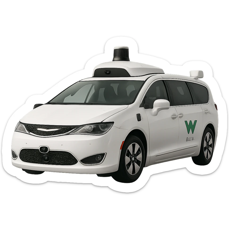 Realistic style Waymo self-driving car, modern and clean, visible sensors and lidar, no background, Slack emoji ready sticker