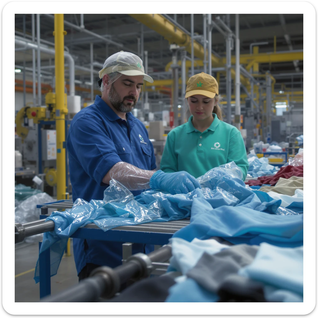 vertical realistic illustration of PET bottle recycling process in factory, visible steps from plastic to polyester fabric and finished clothes, industrial details, professional atmosphere, aspect ratio 2:3 sticker