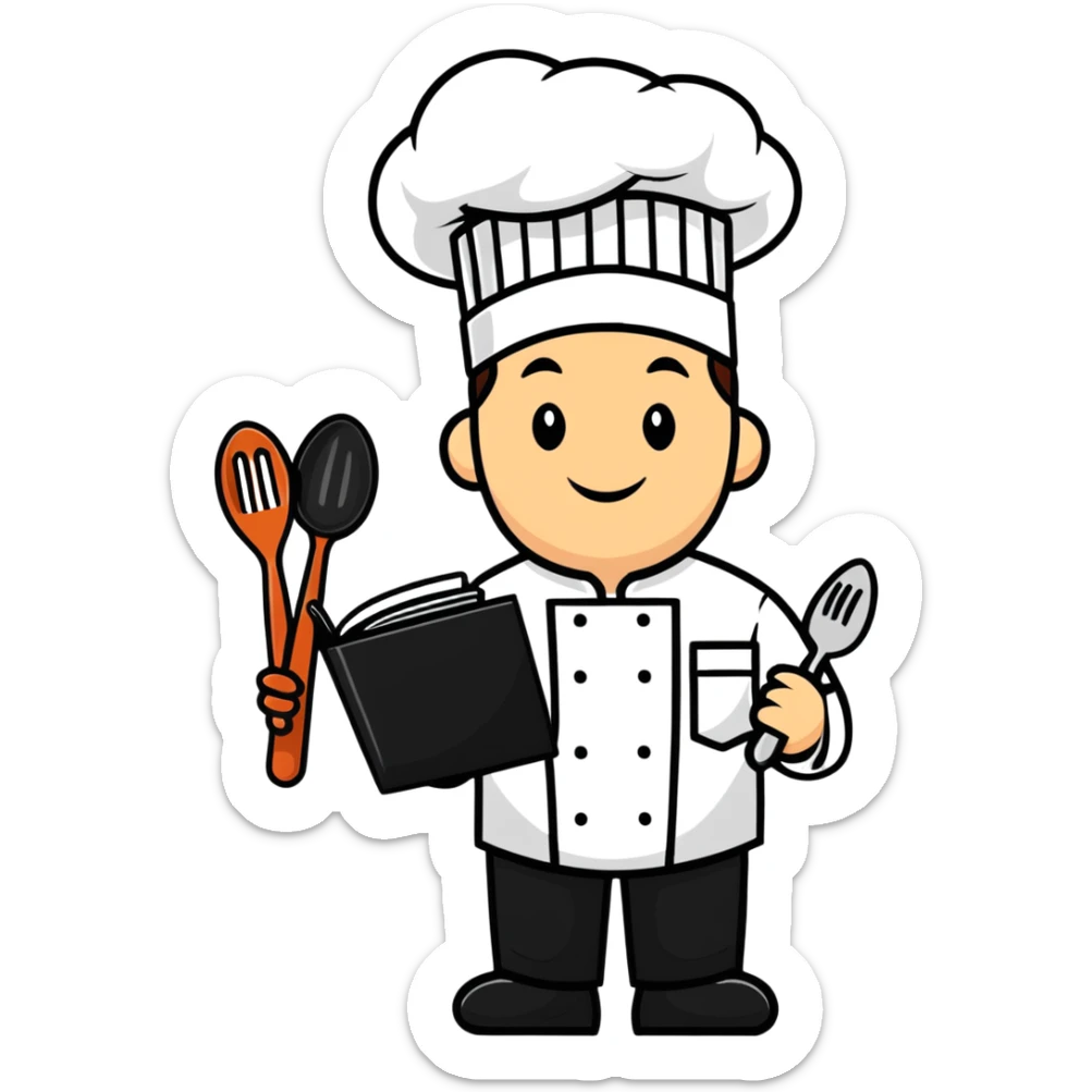Enthusiastic chef wearing business suit and chef hat, holding cooking utensils and a sales contract sticker