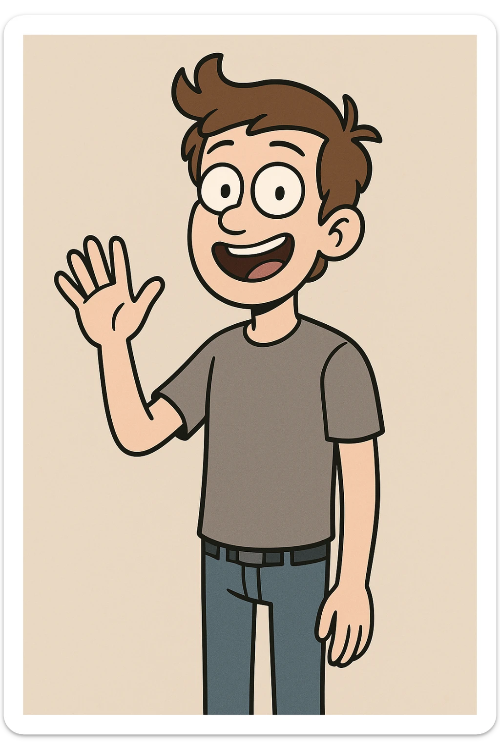 A boy grey shirt blue jeans a hand say hello  sticker