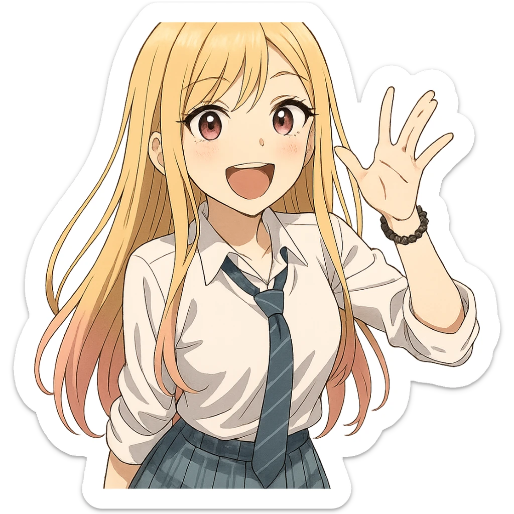 Marin Kitagawa, cheerful anime girl with long blonde hair and pink tips, school uniform, expressive face, anime style sticker
