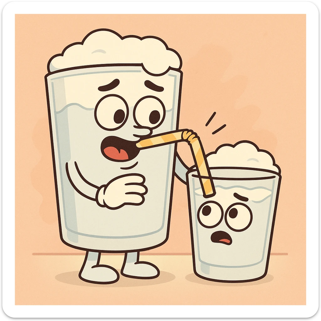 a glass of ayran drinking another glass of ayran with a straw, cartoon style sticker