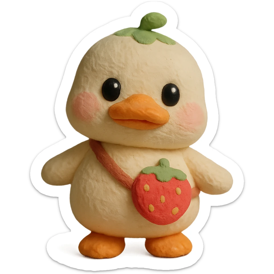 kawaii white duck with a strawberry-shaped shoulder bag, 3D clay style, pastel colors, big shiny eyes, soft lighting, chibi proportions sticker