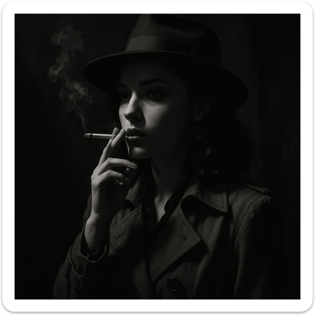 a girl smoking, noir style, shadowy, mysterious, vintage detective film vibe sticker