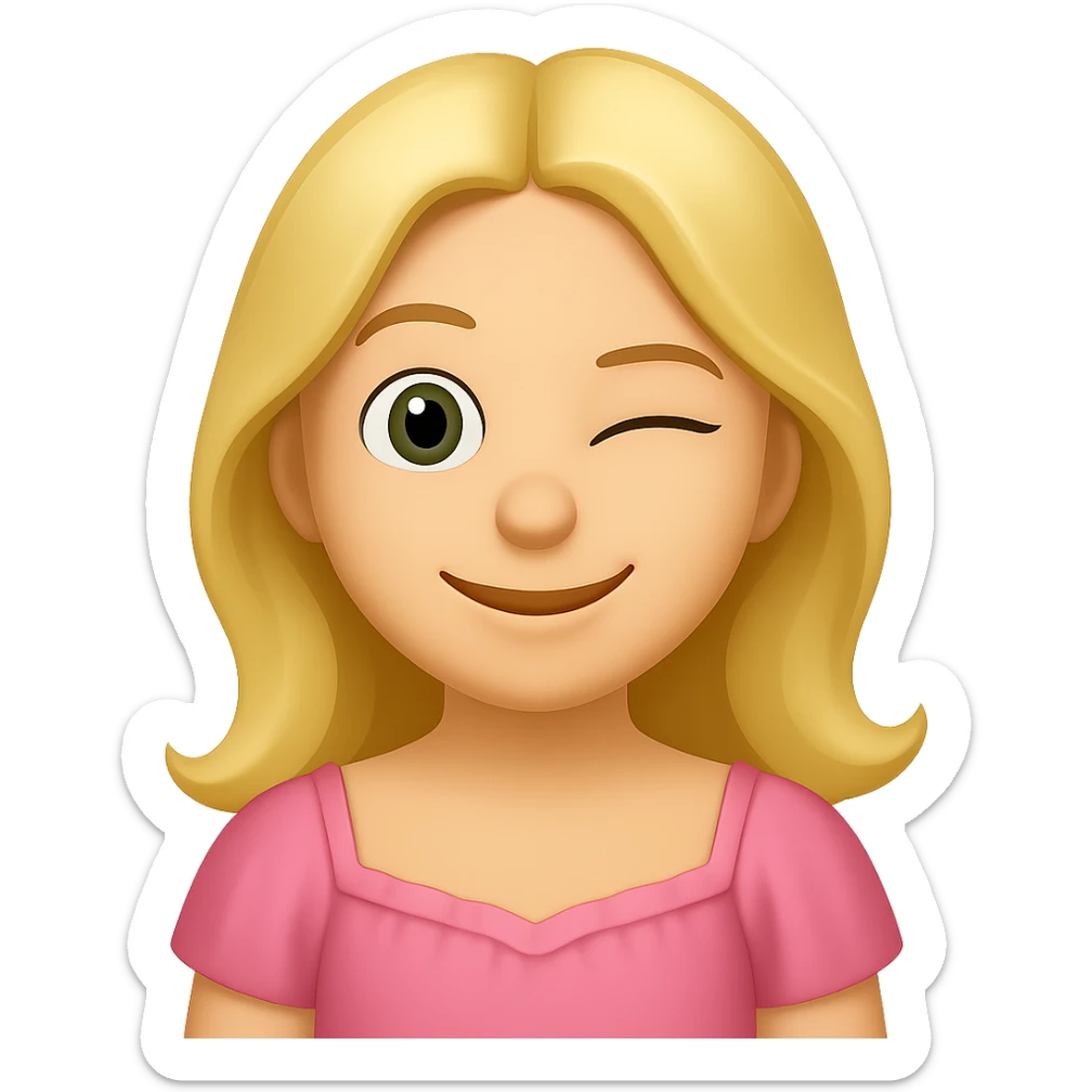 Create an iOS emoji style blonde woman with long hair and pale green eyes, winking expression, based on the appearance in the reference image. sticker