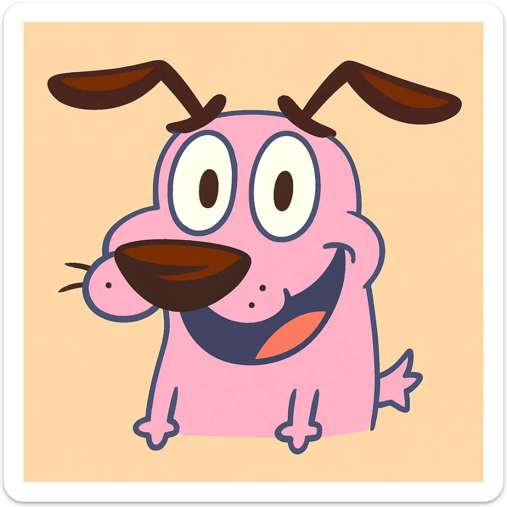 Courage the Cowardly Dog emoji, smiling, pink dog, big nose, pastel toon cartoon style sticker
