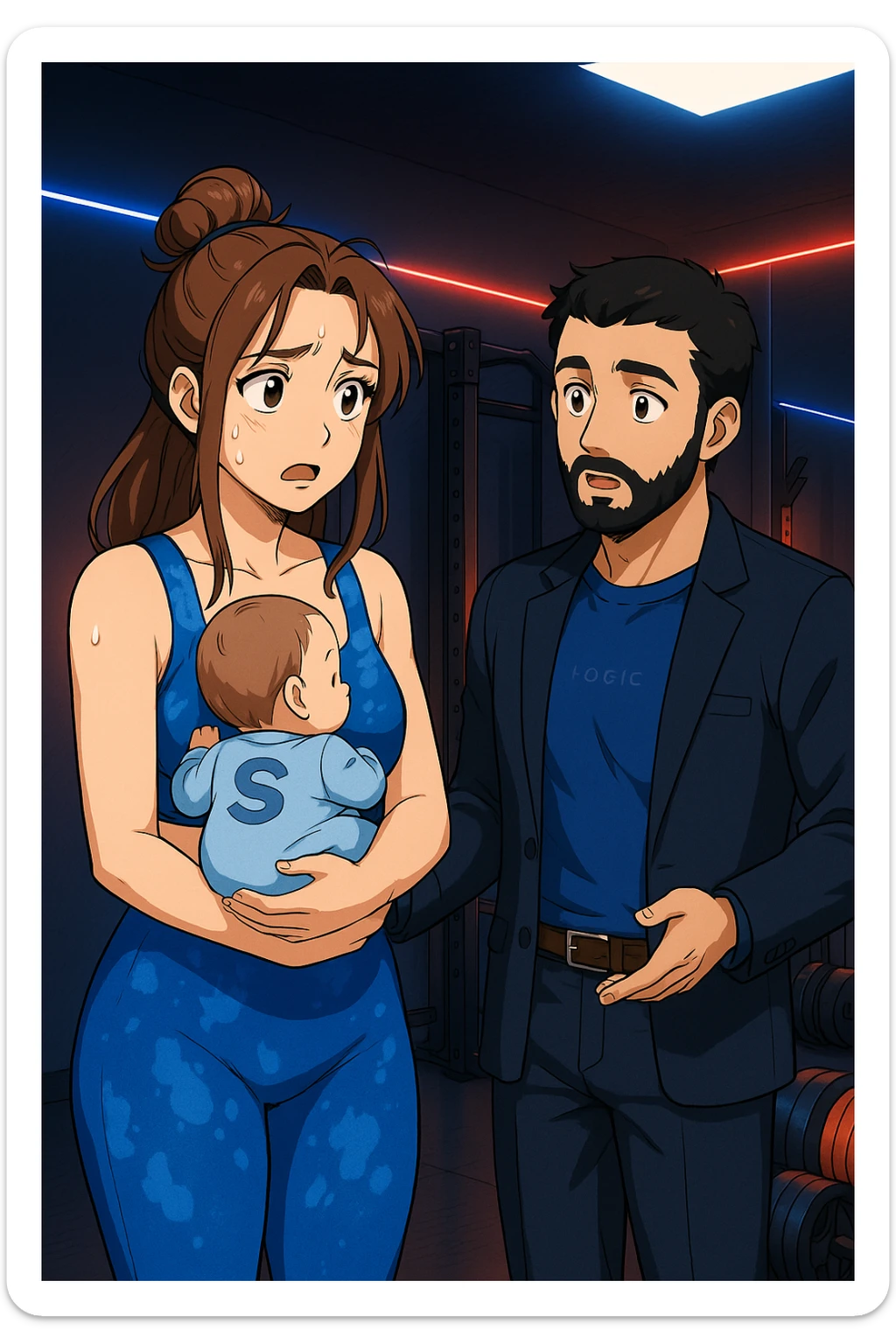 ispirati a questo stile di disegno e fai questa immagine in versione manga/webtoon a colori, il manga mostra la donna preoccupata con un neonato in braccio con una tutina azzurra e la scritta "S" sulla schiena, la donna gli sta facendo una domanda all'uomo, ma non fare i fumetti, fai come se stessero parlando sticker