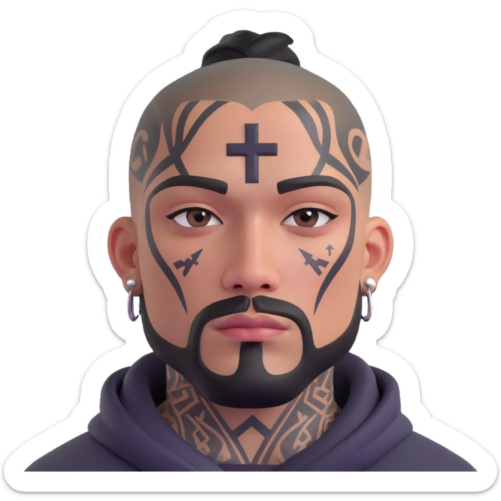 urban gangster with teardrop and cross face tattoos, mean look, street style sticker