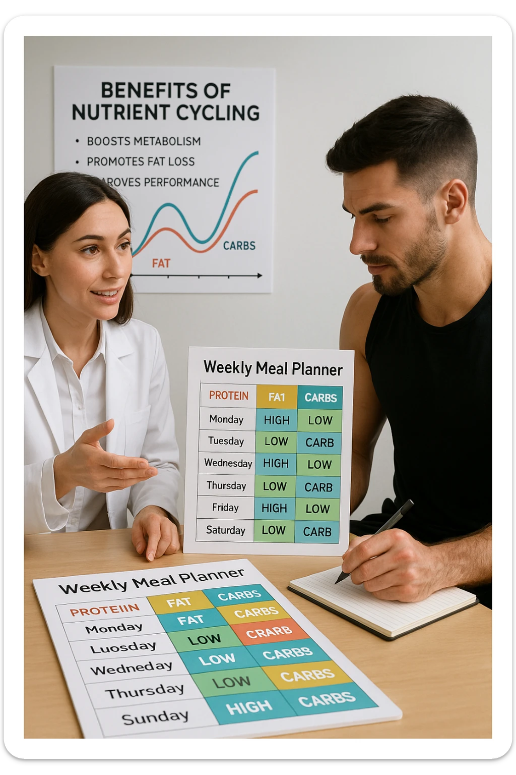 a nutritionist explains to an athlete how to cycle macronutrients for fat loss and training. On the desk, a weekly meal planner shows alternating high-carb and low-carb days, with color-coded sections for proteins, fats, and carbs. The athlete takes notes, and a chart in the background illustrates the benefits of nutrient cycling. The mood is professional and educational. scritto in italiano sticker
