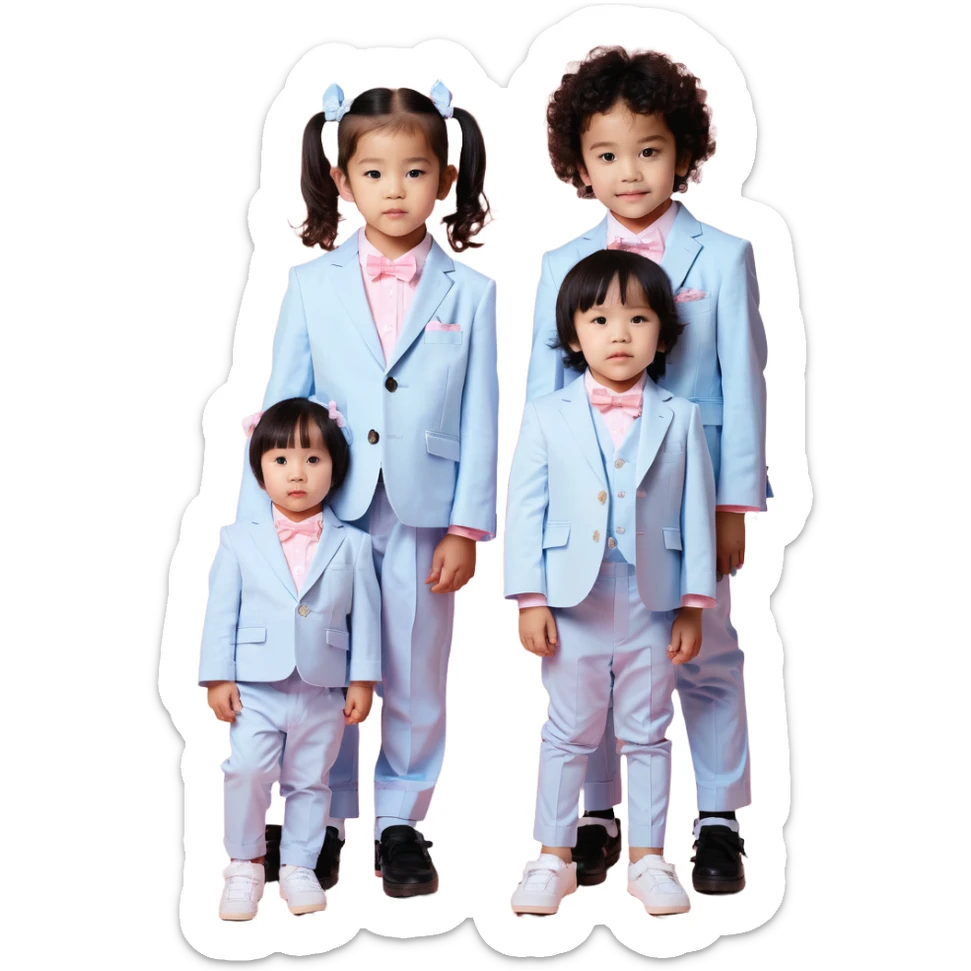 triplet toddlers with two girls in pastel pink clothes on each side and a boy in pastel blue suit in the middle sticker