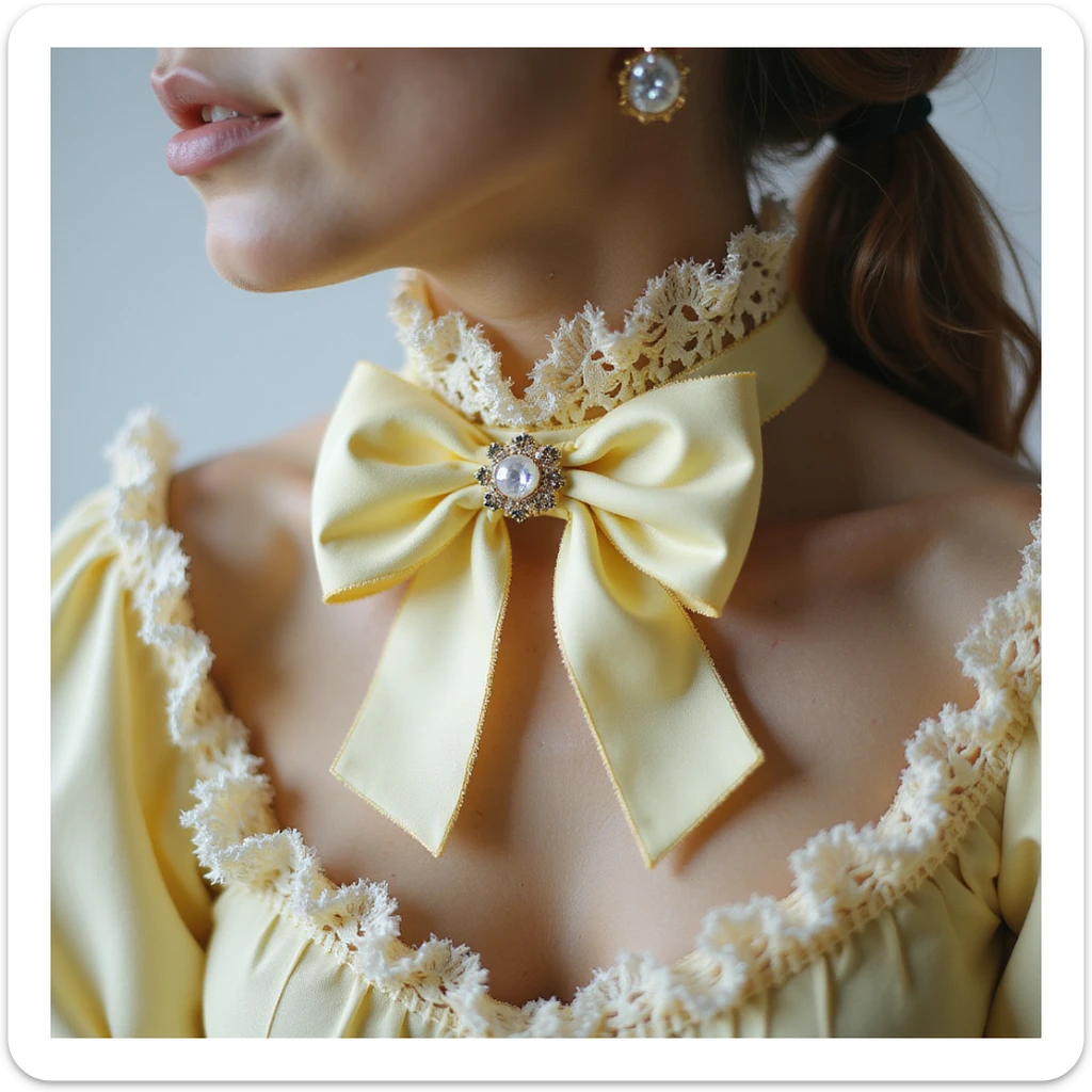 pastel yellow gothic bow and matching accessories including choker, hair clip, brooch, ring with lace and velvet details, photorealistic style, transparent background, variation 3 sticker