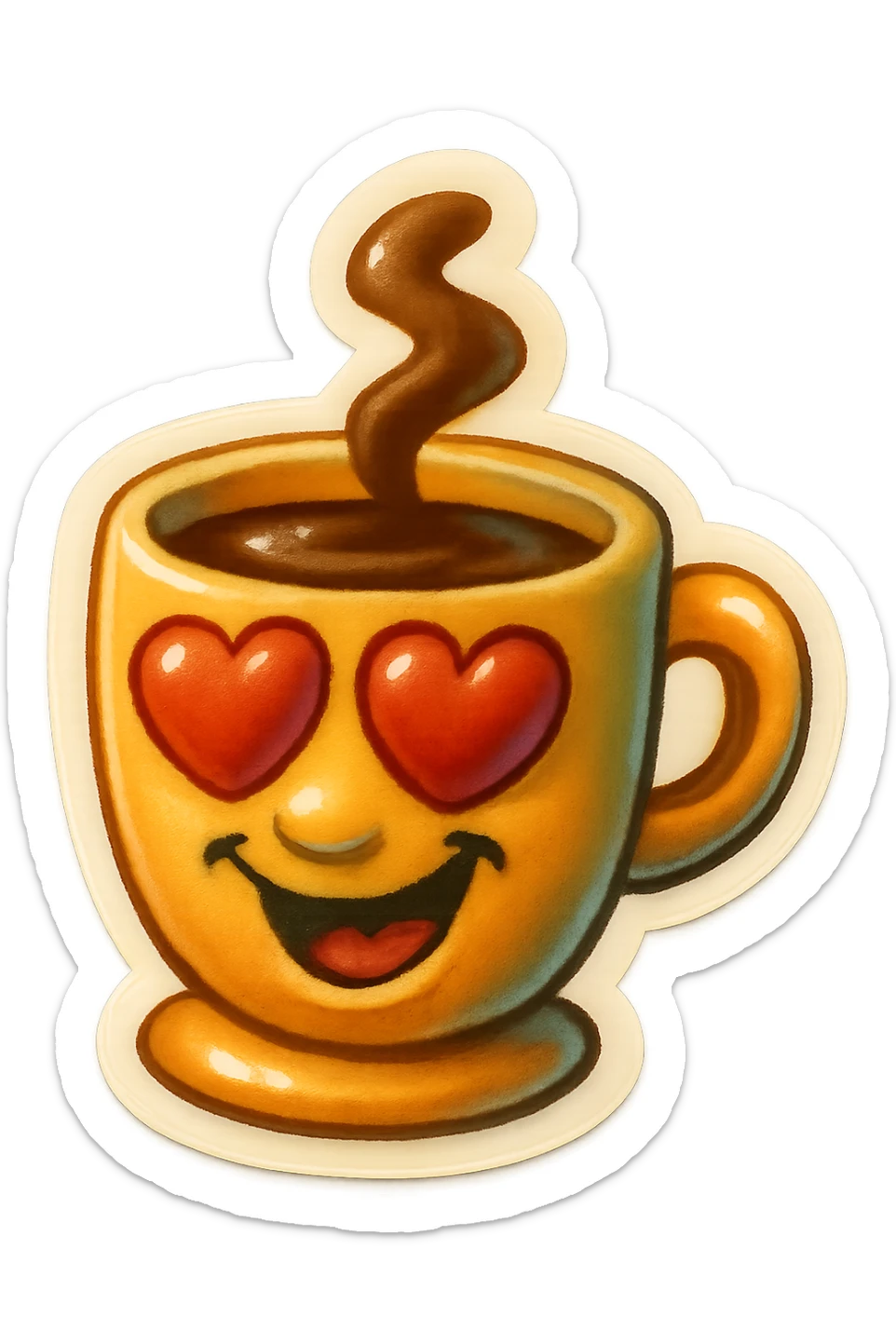 Ink wash style, coffee cup creature, big heart eyes, dopey smile sticker