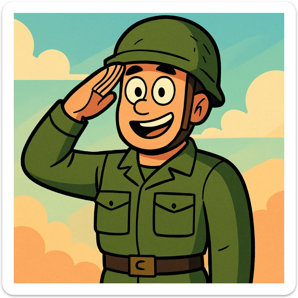 cartoon soldier, military uniform, helmet, saluting, vibrant colors, clean lines sticker