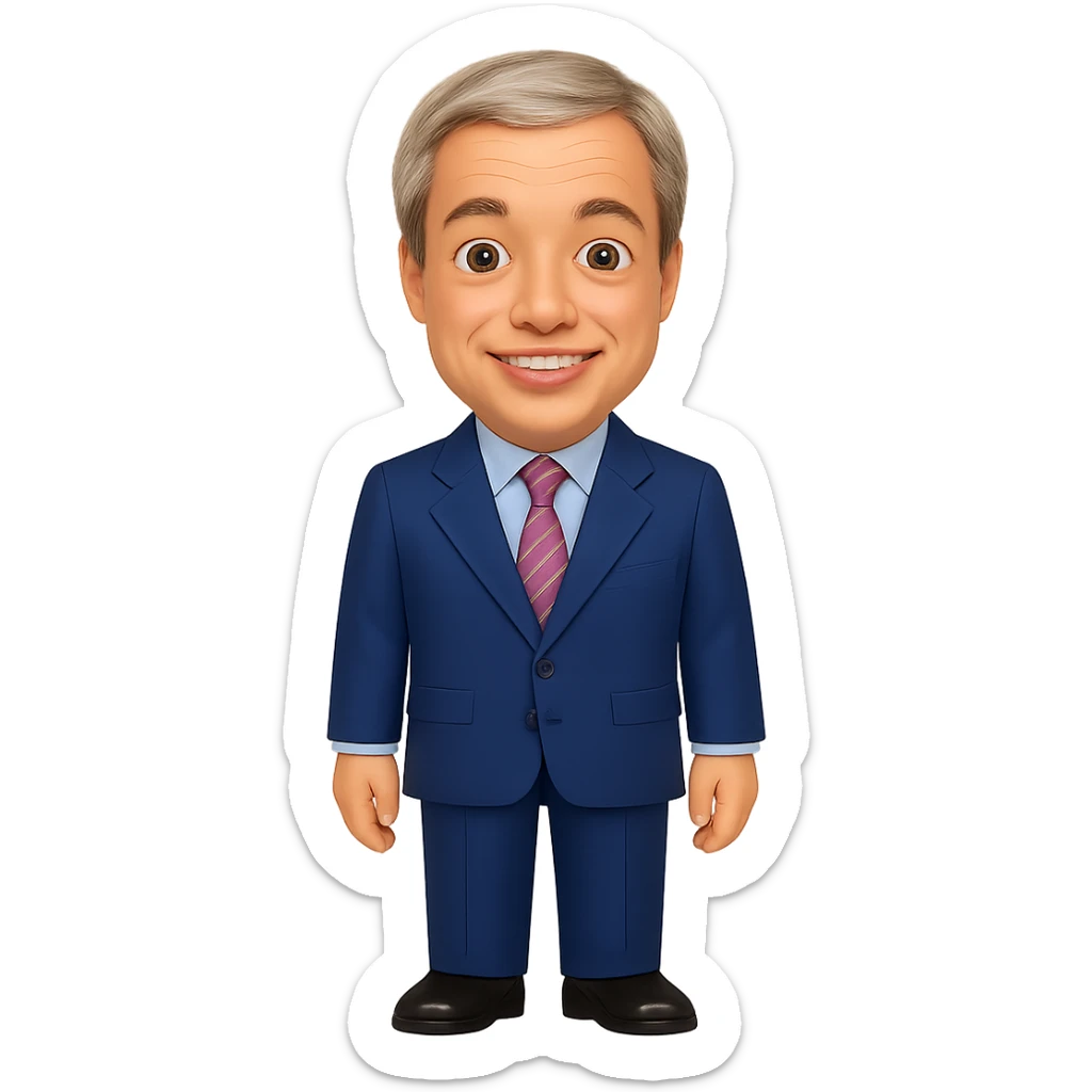Create a full body figure of Nigel Farage smiling and standing as an emoji with a transparent background. Maintain the style and essence of the original emoji. sticker