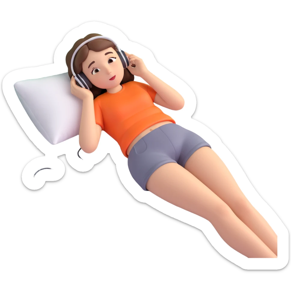 girl lying on bed comfortably listening to music with wired earphones sticker