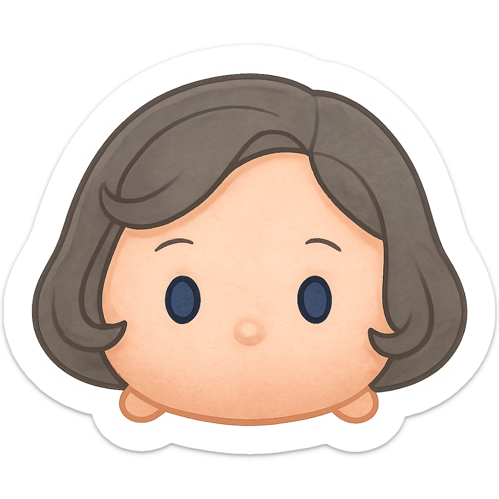 tsum tsum plush inspired female emoji, blue eyes, grey 1940s bob hair, no body, no mouth sticker
