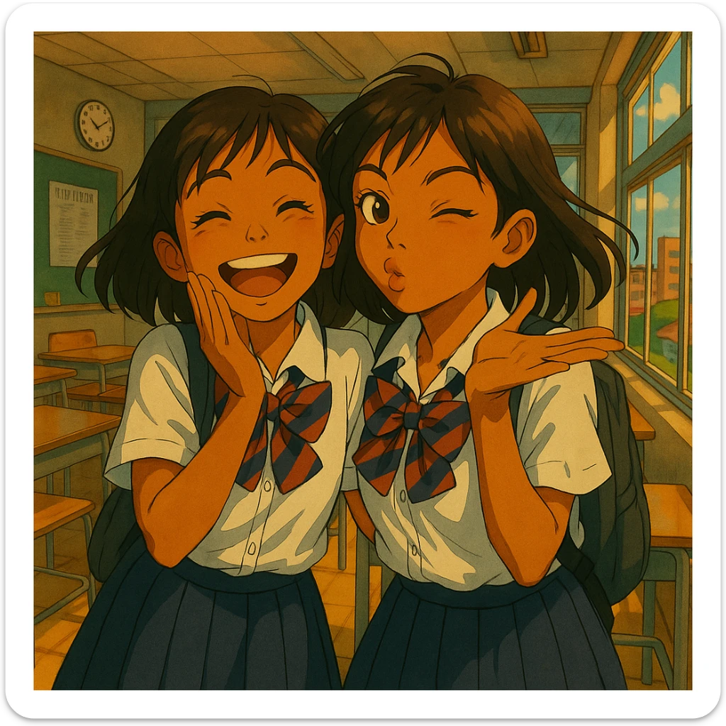Add a cheerful friend next to the Japanese brown-skinned high school girl, both in Tokyo school uniforms, sharing a mischievous moment together, vibrant and playful atmosphere, detailed background in Ghibli anime style. sticker