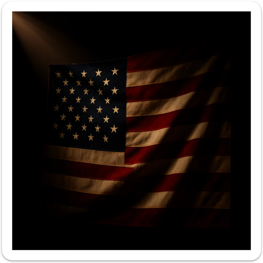 Replace the flag of China with the flag of the USA, preserving the dramatic lighting, black background, and ray of light style and composition exactly as in the reference image. sticker