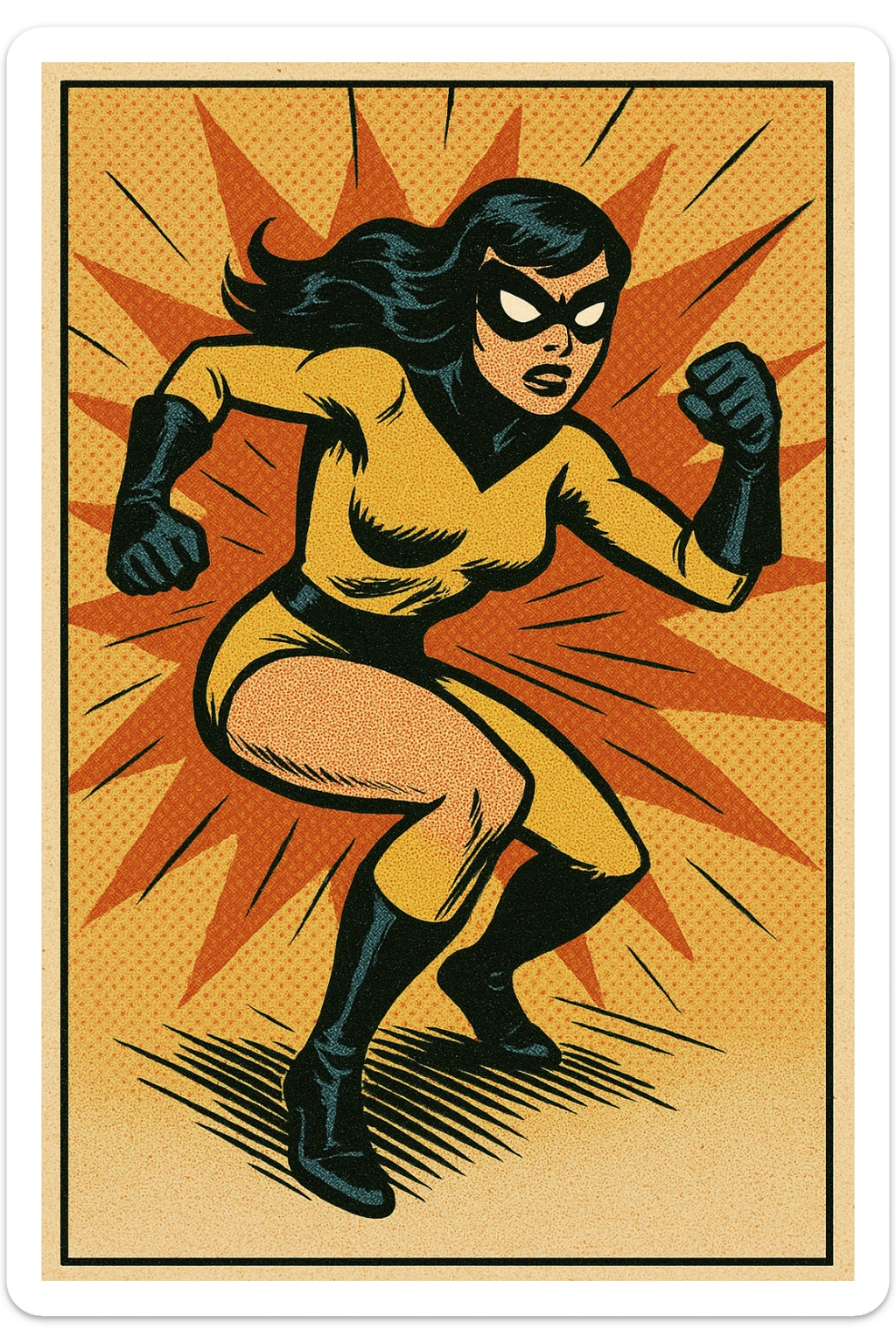 superheroine costume, yellow and black, classic comic book style, gloves and boots, mask, action stance sticker