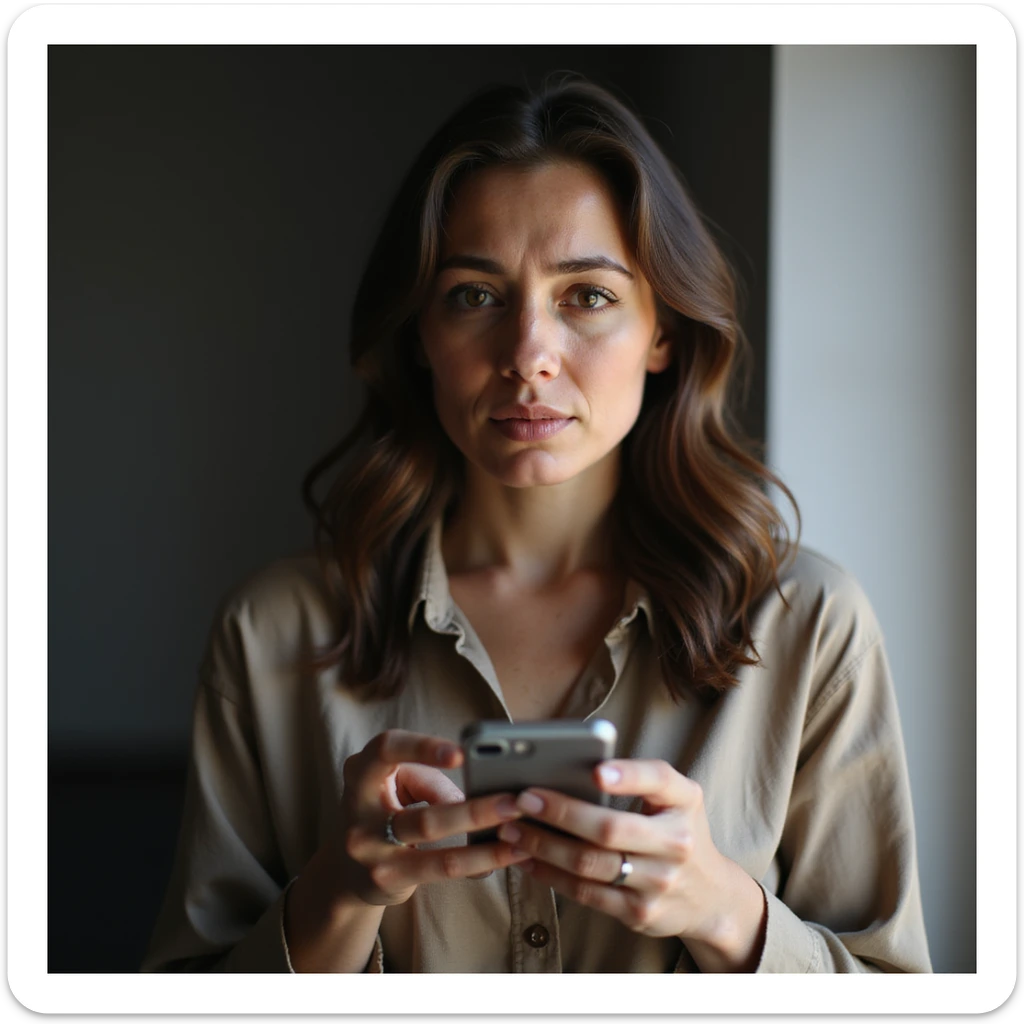 adult woman, photorealistic, looking at phone with calorie app showing message 'Nessun progresso', frustrated expression, natural light, home background sticker