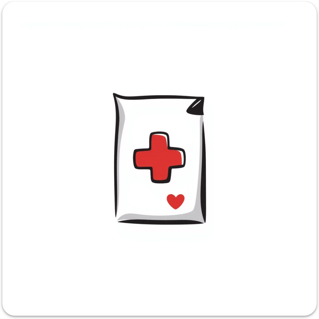 Hand-drawn intimate health clinic packet with red cross and small heart icon, sealed medical packet sticker
