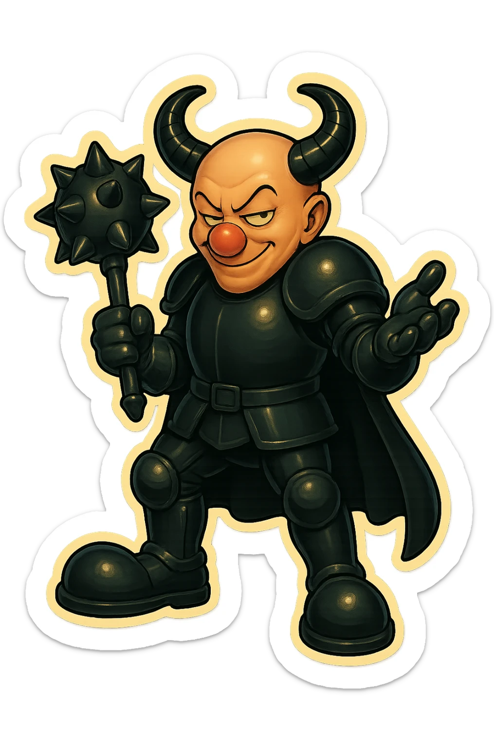 A relaxed but evil armored clown with no hair, ram horns pointing up, masculine and powerful build, glossy black on matte black armor, short cape, large black clown shoes, leaning on his oversized spiked mace with one hand, the other hand gesturing as if taunting, eyes barely open, sinister expression, vibrant retro stickers style, no yellow aged tint, full body, transparent background. sticker