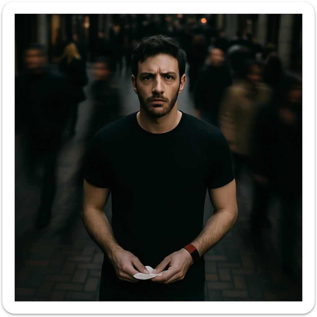 Cinematic overhead shot, reference person, no headphones, black shirt, athletic build, standing still on a brick city sidewalk, motion-blurred crowd, moody lighting, 35mm film look, shallow depth of field, sharp focus. Urban. Render in a style suitable for cinematic photography with moody lighting and shallow depth of field. sticker