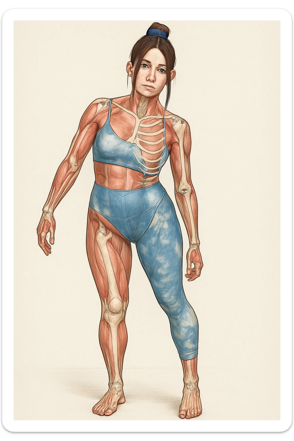 Donna in abbigliamento sportivo, postura asimmetrica, stile medico realistico, muscoli e ossa visibili, evidenzia la compressione delle coste sul lato corto, sfondo neutro, formato verticale. sticker