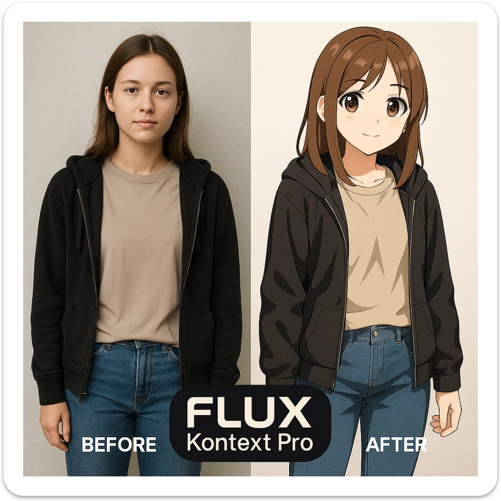 create before after image of a girl before is realsitic photo, after is anime version of her in same pose and clothes, add logo with text of a "FLUX Kontext Pro" sticker