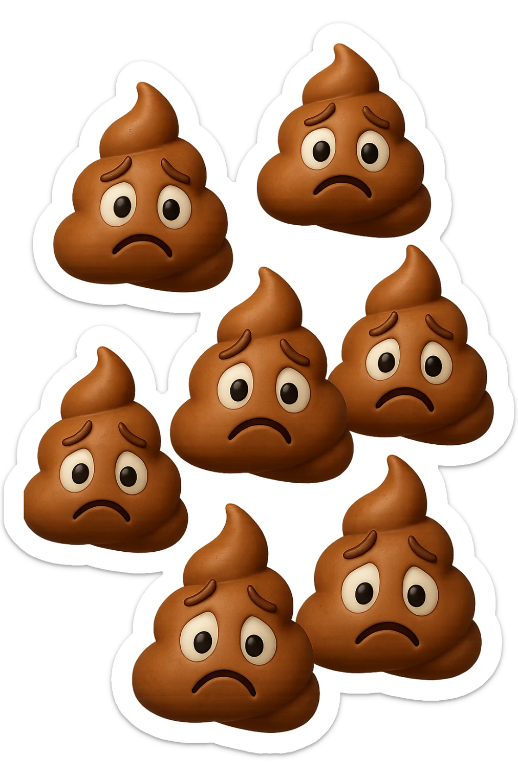 EMOJI STILE IPHONE 3D DI palline di cacca tristi che cadono dall'alto verticalmente, iperrealistico 4k sticker