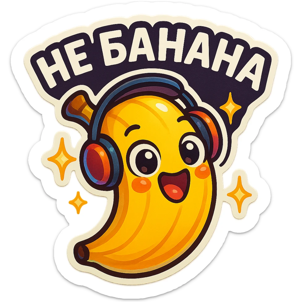 Funny cartoon banana, big happy smiling face, wearing tiny headphones, wide excited eyes, tiny sparkles around, text above: "НЕ БАНАНА ", chibi style, Twitch emoji style, colorful, transparent background sticker
