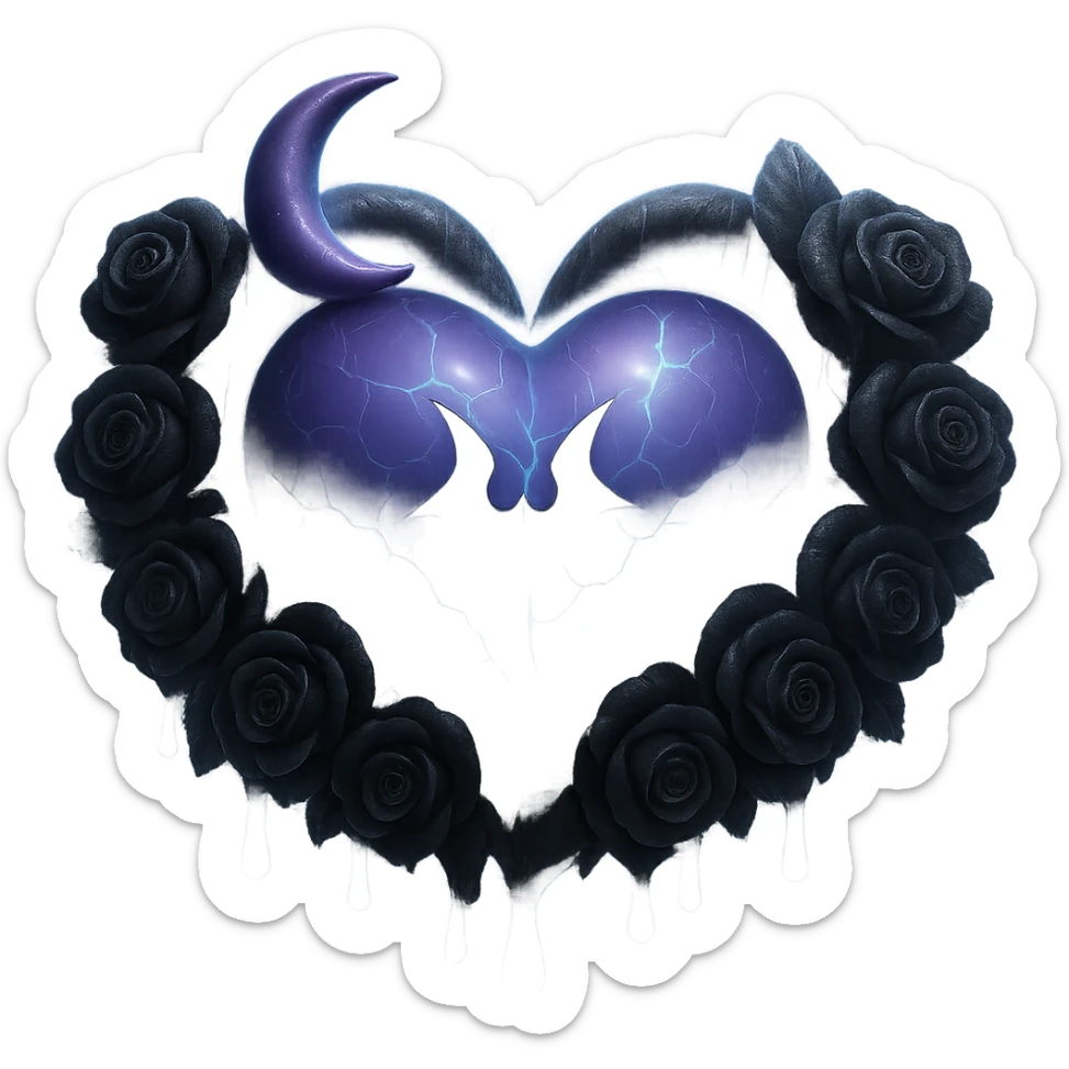 Add a glowing aura around the gothic heart, keeping the prominent black roses, purple glass, crescent moon with dripping effect, faint lightning, much more rain and thick mist, cracked glass with misty glow. The style should resemble 3D emoji style. Remove the background. sticker