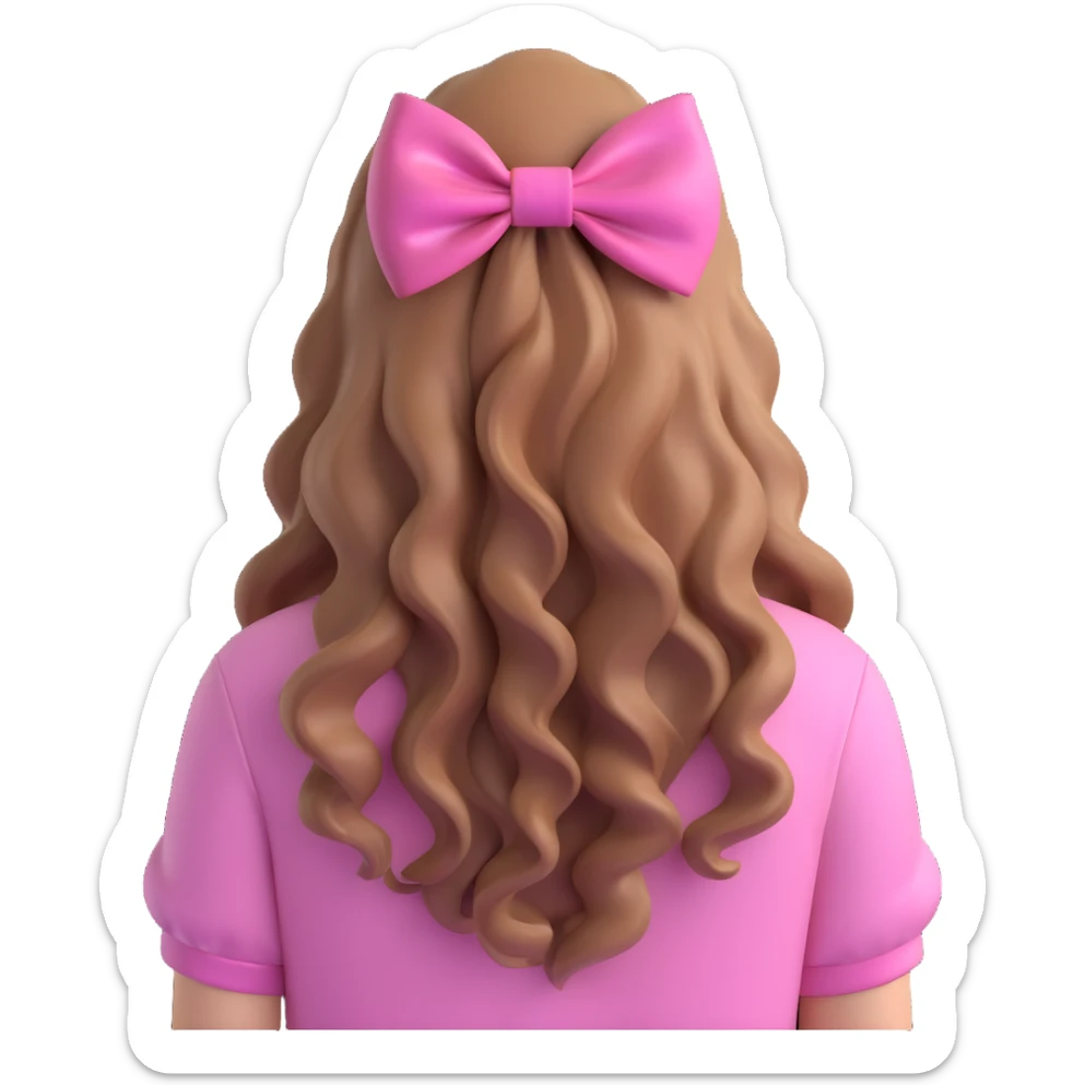 3D iOS emoji style of a girl with long wavy hair and a large pink bow, wearing a pink shirt, seen from the back, shiny and glossy, on a white background. sticker