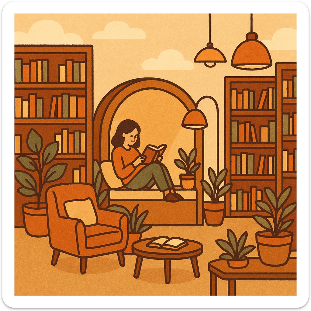 modern bookstore with cozy reading nooks, modern furniture, plants, stylish lighting, trendy vibe sticker