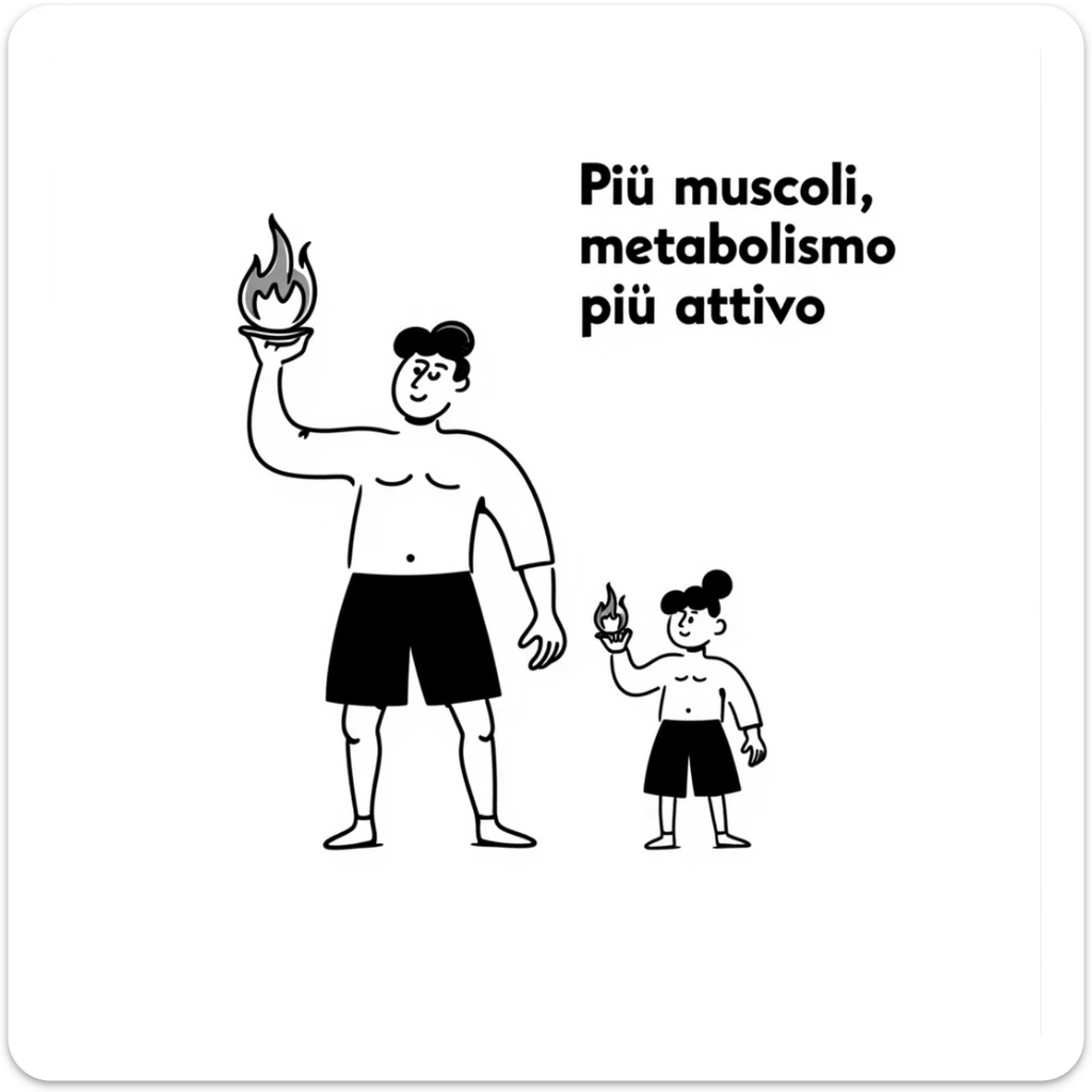 Schema didattico: muscolo evidenziato con icona di fuoco (metabolismo), accanto muscolo piccolo con fiamma debole, testo in italiano: “Più muscoli, metabolismo più attivo”. sticker