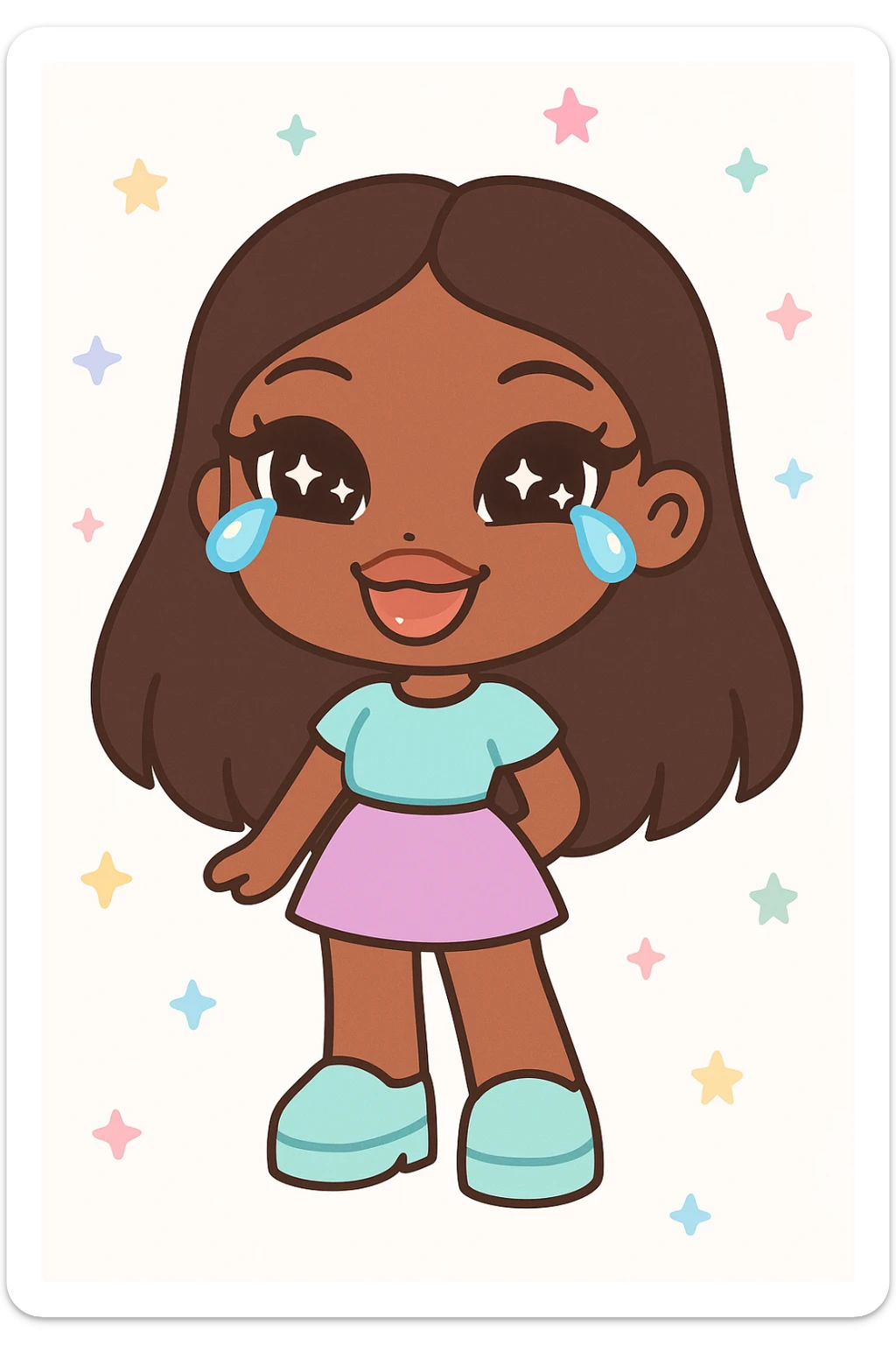 anime style character with dark skin and dark hair, Bratz-inspired, tears of laughter, big expressive eyes, glossy lips sticker