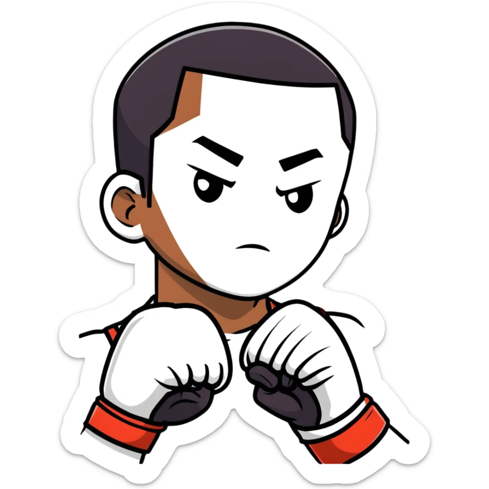 Close-up face of a young 19-year-old Black male boxer, intense gaze, boxing gloves slightly visible sticker