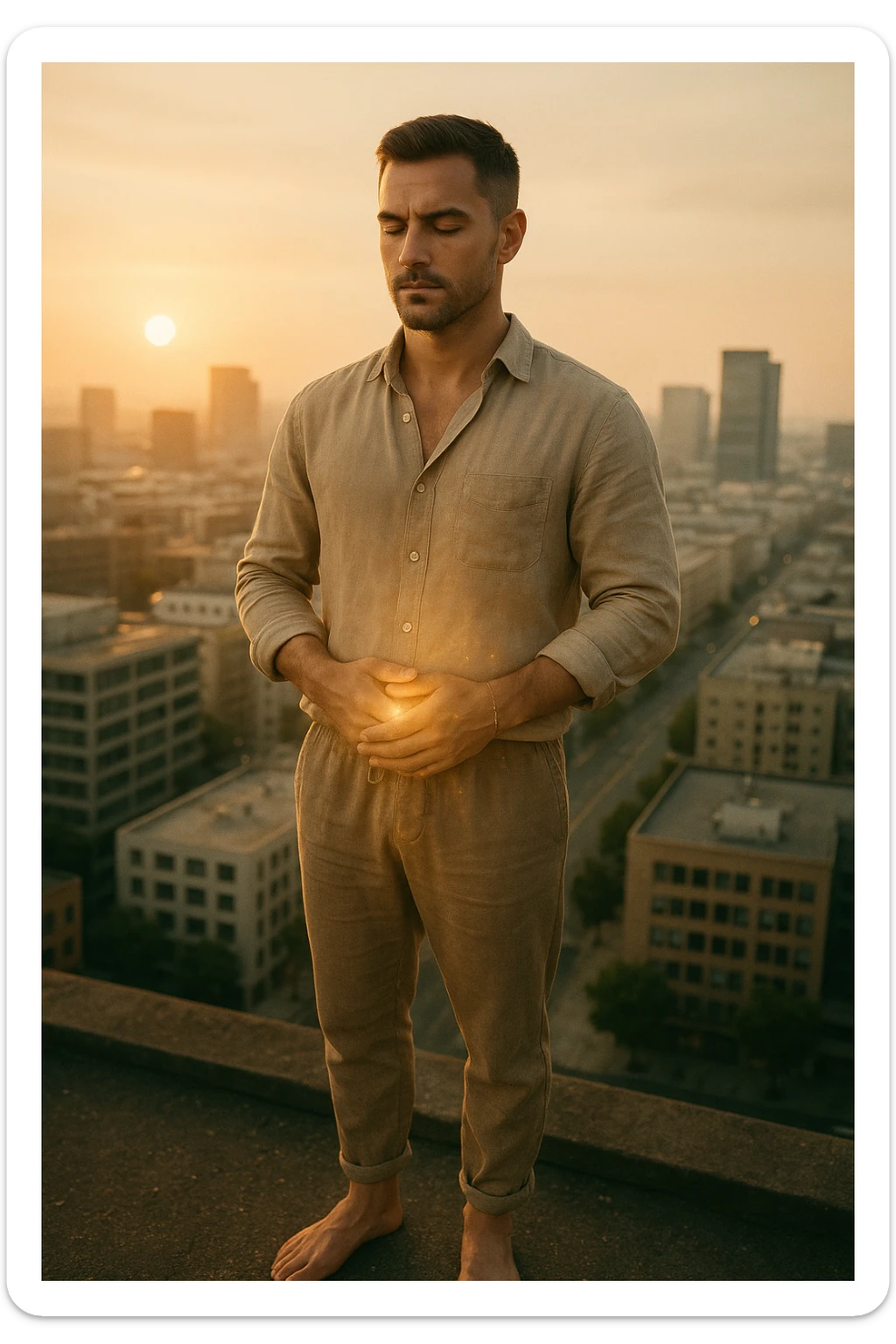A cinematic portrait of a calm and composed man in his mid-30s, with light stubble and a defined jawline, standing alone on a rooftop at sunrise overlooking a quiet modern city. He’s wearing minimalist, earth-toned clothing — a linen shirt loosely buttoned, neutral joggers, barefoot. His hands rest gently over his abdomen in a meditative posture, eyes half-closed, reflecting clarity and focus. The early morning light bathes his face and body in soft gold, symbolizing renewal and healing. Around him, the city is still asleep, with only faint traces of life below. The air feels clean and silent. Subtle glow effects radiate gently from his chest and abdomen, suggesting internal regeneration. 35mm film style, shallow depth of field, realistic human textures and cinematic color grading with warm and natural tones. sticker