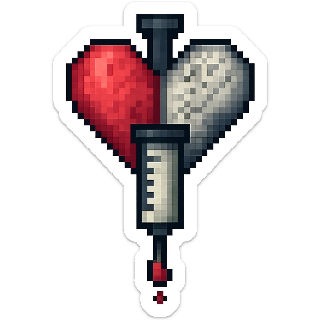 Add a blood drip coming from the syringe and heart. Keep the pixel art style and no background. sticker