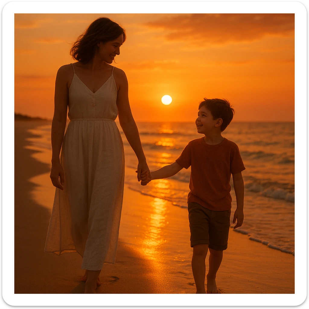 A mother and son walking hand in hand at the beach during sunset, warm colors, peaceful atmosphere sticker