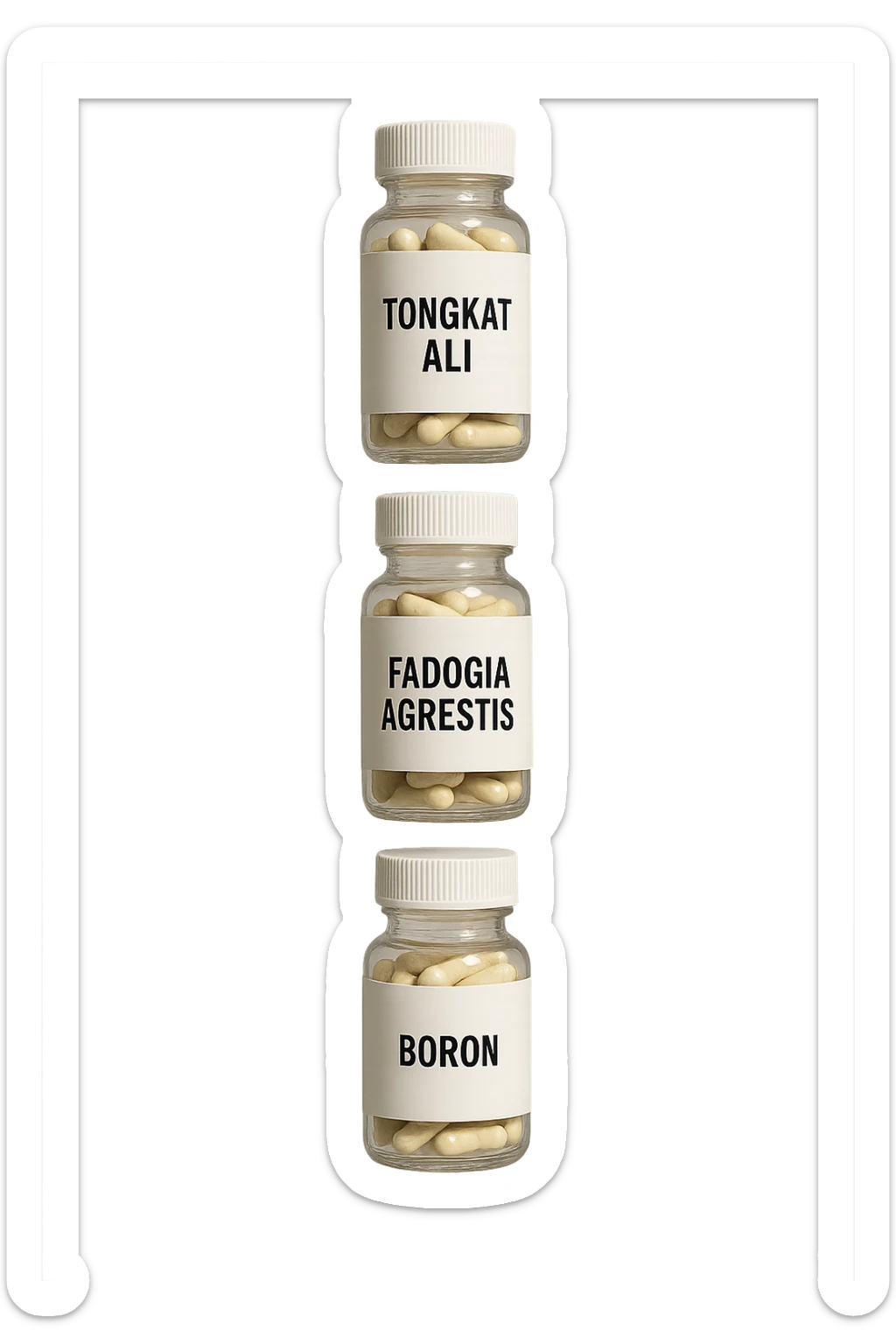 4 boccette di integratore: Tongkat Ali, Fadogia Agrestis, Boron e Zinco fluttuano in aria verticalmente sticker