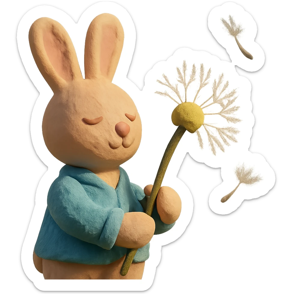 bunny holding a dandelion in the breeze, gentle spring vibe, soft pastel colors, claymation style sticker