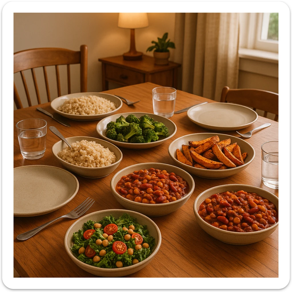 table set with moderate portions, fiber and protein-rich dishes, no refined sugars, cozy atmosphere, realistic details, family dining room background sticker