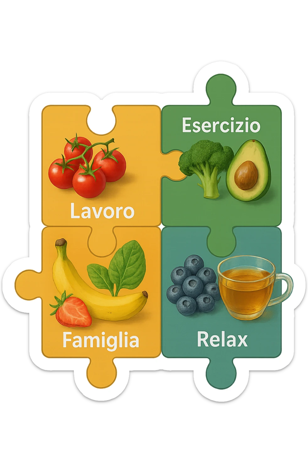 Puzzle (Lavoro, Esercizio, Famiglia, Relax), and healthy foods are integrated into each piece. in italiano sticker