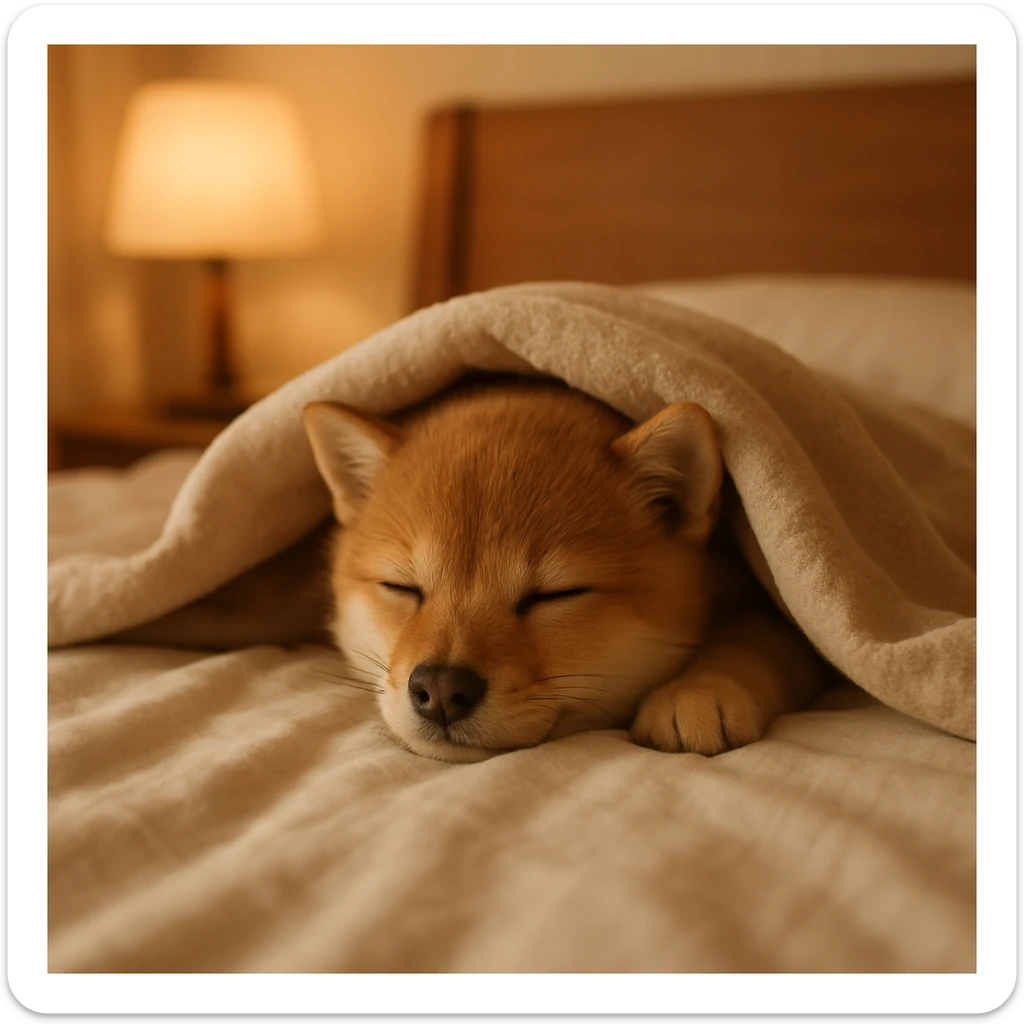 a cute animal tucked under a blanket in bed, cozy and sleepy, warm and soft environment sticker