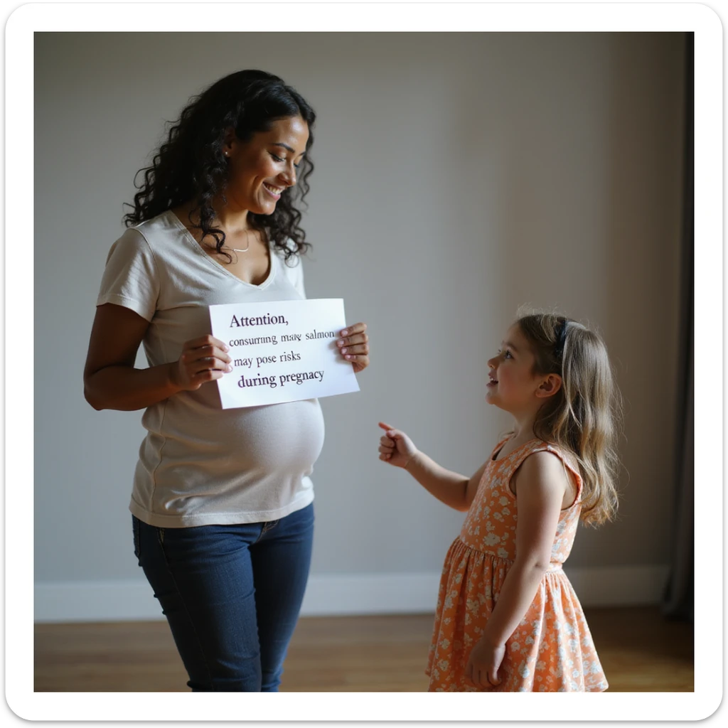 realistic pregnant woman in 4K showing a sign to a little girl and explaining: 'Attention, consuming raw salmon may pose risks during pregnancy' sticker